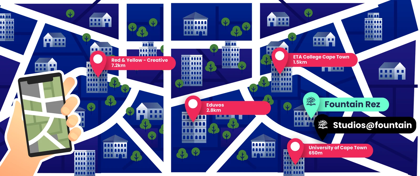 Map of Fountain Rez student accommodation on Main Road, Rondebosch near UCT, Cape Town